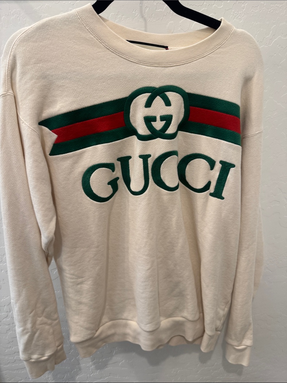 Gucci Cream Crewneck Sweater with Green and Red Logo Stripe